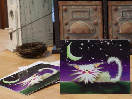 White Cranky Cat Beneath The Moon  —  Note Card Fashion