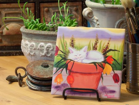 Flower Pot Kitty - Ceramic Tile Sale