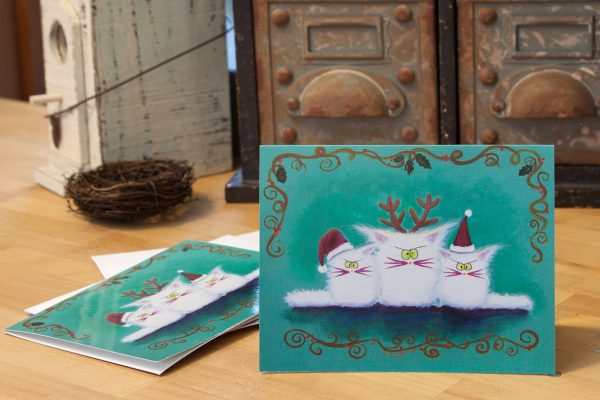 Three White Christmas Kitties  — Note Card For Discount