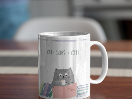 Cat, Books & Coffee Mug Fashion