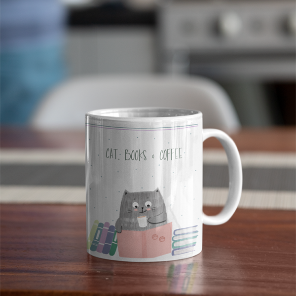 Cat, Books & Coffee Mug Fashion