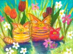 2 Orange Cranky Cats Plus One Red Cat — Matted Print Sale