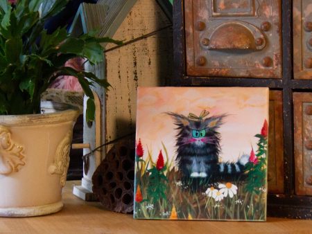 Cranky Cat with Celosia and Dragonfly - Ceramic Tile Discount