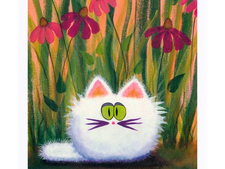 White Cat in Coneflowers — Matted Print Discount