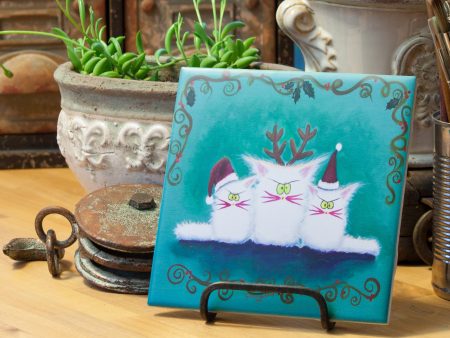 Three White Christmas Kitties - Ceramic Tile For Sale