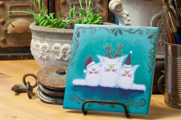 Three White Christmas Kitties - Ceramic Tile For Sale