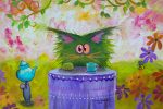 Green Cat Tea Party — Matted Print Cheap