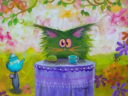 Green Cat Tea Party — Matted Print Cheap